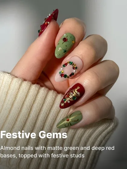 An example of our intricate festive artistry. These almond nails feature matte green and deep red bases, adorned with hand-placed festive studs for a truly unique holiday look.