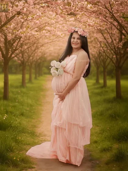 Holding a bouquet of white roses, the mom-to-be smiles in her pink gown, standing on a path lined with flowering trees.