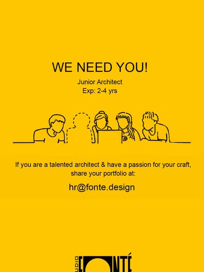 A bright and minimalist ad from Estudio Fonte in Bangalore, seeking a Junior Architect with 2-4 years of experience.