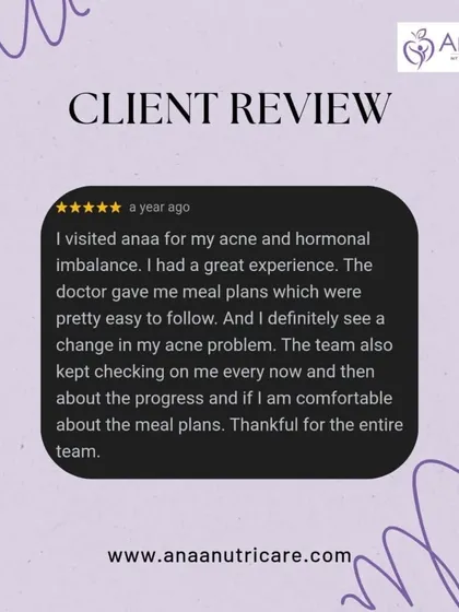 This client's review means the world to me. She came to me for acne and hormonal imbalance and saw a definite change with an easy-to-follow meal plan. My team and I provide continuous support to ensure you are comfortable and seeing progress.