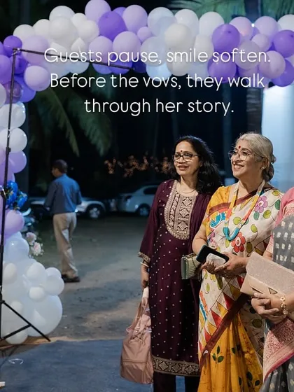 Guests pause and smile, walking through the bride's story before they witness her vows. This personal touch, a gallery of memories, made the entrance an emotional journey for everyone.