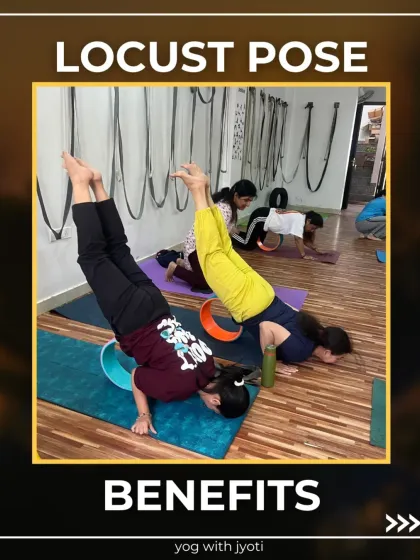 A graphic highlighting the benefits of Locust Pose, with students using a yoga wheel for a deeper expression.