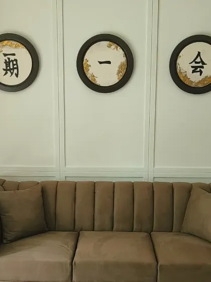 Art can also be a daily reminder of a philosophy you live by. This triptych was created for a client in Delhi, featuring the Japanese saying "Ichi-go ichi-e," which means "one life, one meeting." It's a beautiful way to incorporate meaningful words into your home decor.