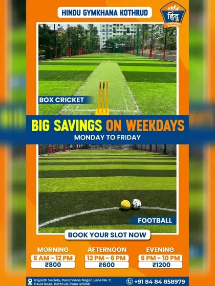 We offer big savings on weekdays for box cricket and football at our Hindu Gymkhana facility. Book your slot and enjoy your favorite sport with friends and teammates.