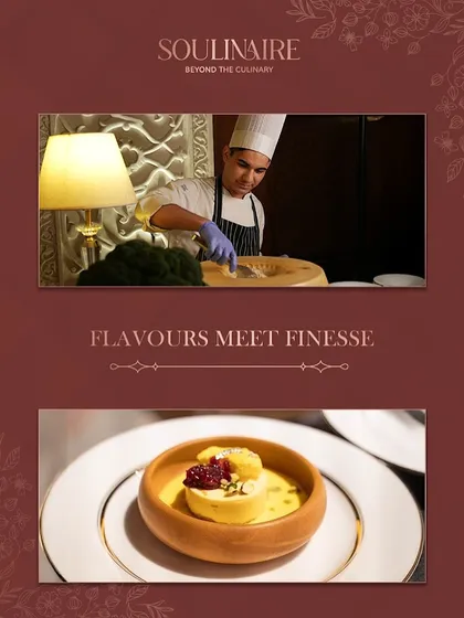 A collage featuring a chef flambéing pasta in a parmesan wheel, a true spectacle of flavour and finesse. Our live stations are designed to be both delicious and entertaining.
