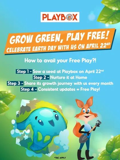 My "Grow Green, Play Free" Earth Day initiative. This poster explains how kids can participate in a planting activity and earn free playtime by nurturing their plant at home.