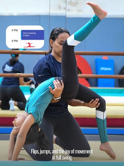 From 5 to 6 PM, it's floor training. This is where flips, jumps, and the joy of movement are in full swing, with coaches providing support for skills like this back walkover.