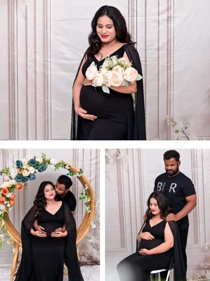 A trio of images from a modern, elegant session. It highlights a beautiful solo portrait with flowers, as well as two different romantic poses with the couple.