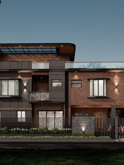 The Prestige Great Acres villa rendered at night. The lighting design focuses on the brick texture and the underside of the roof projections, adding drama and highlighting the home's contemporary structure.