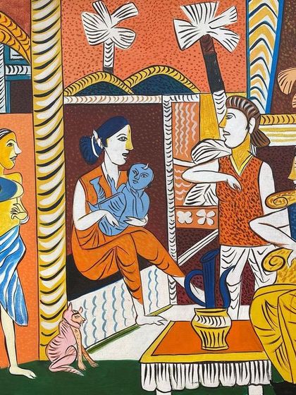 This acrylic on canvas by K. G. Subramanyan, a Padma Vibhushan awardee, features his distinctive artistic voice. The patterned, dynamic composition transforms everyday figures into a playful and spontaneous visual story, a hallmark of his celebrated style.