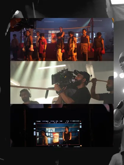 A collage of behind-the-scenes moments from the Star Cement shoot, showing the camera crew, monitors, and the on-set atmosphere our lighting helped create.