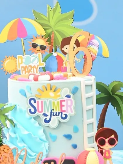 A perfectly themed summer fun cake for a pool party birthday. We can coordinate with our bakers to ensure every detail, including the dessert, matches your theme.