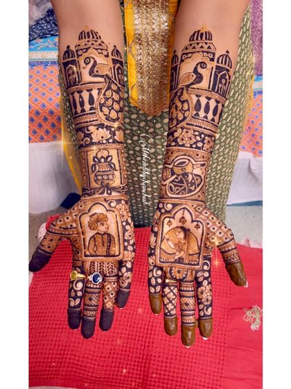 This custom bridal mehendi includes portraits of the couple, their dog, and even a coffee cup to symbolize their story.