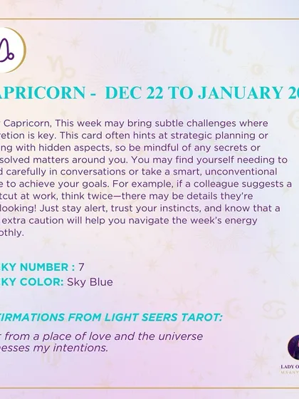 This week's tarot reading for Capricorn. The reading points to subtle challenges where discretion is key. Stay alert, trust your instincts, and know that a little extra caution will help.