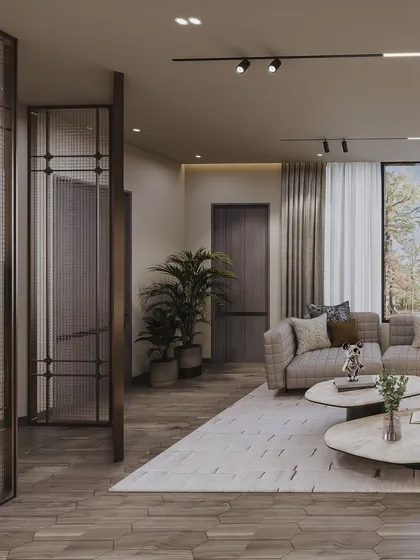 A shot showing the flow of the lounge, with its hexagonal wood flooring and semi-transparent partitions.