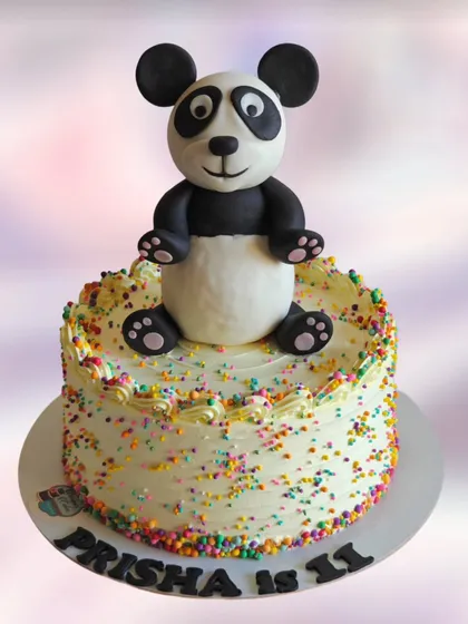 A fun panda-themed cake covered in colorful sprinkles. The 3D fondant panda on top makes this a cheerful and adorable cake for an 11th birthday.