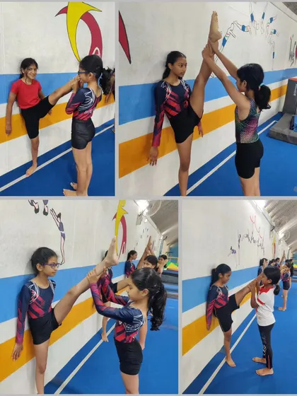 A collage of our students practicing partner leg stretches. This is a vital part of their training to perfect kicks, leaps, and splits.