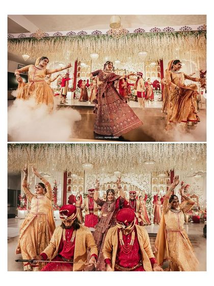 A collage of the bride Reshma's grand entrance with dancers. This captures the energy, drama, and excitement of a North Indian wedding celebration.