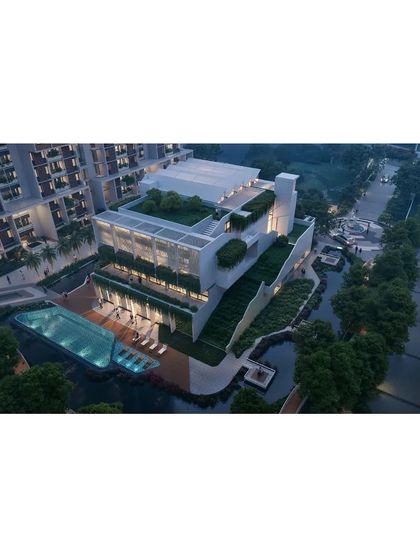 An aerial render of the 'Poetry of Earth' housing project, showing how the clubhouse and pool area are integrated into a terraced, green landscape.