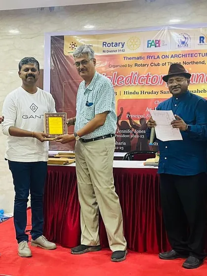 Architect Akhil Laddha being felicitated as a chief jury member for an architecture competition at the Rotary Club of Thane. We believe in nurturing the next generation of architects and contributing to the design community.