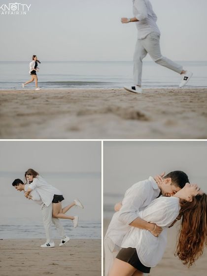 A collage of playful and passionate moments. From a piggyback ride to a dramatic dip, this shows the fun and romantic variety we can capture during a single beach session.