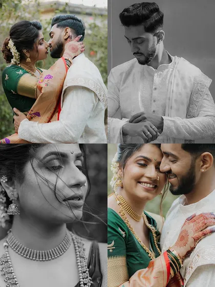 A collage presenting different facets of a traditional couple shoot. It includes intimate close-ups, individual portraits, and romantic moments, offering a complete story in one frame.
