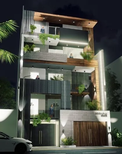 This night view highlights the interplay of layers, voids, and lighting in a modern residence. My design approach uses strategic illumination to accentuate the structure's depth and material juxtaposition after sunset.