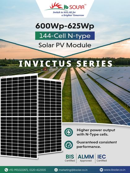 The Invictus Series 144-Cell N-type Solar PV Module delivers a powerful 600Wp-625Wp output. With guaranteed consistent performance and BIS, ALMM, and IEC certifications, it is an ideal solution for utility-scale solar developers and EPCs.