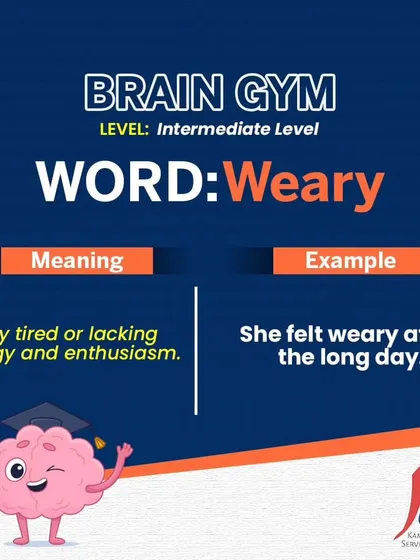 This is a duplicate of ID 29. Caption: Today's intermediate word is 'Weary', which means feeling very tired. Instead of just saying 'tired', using 'weary' adds more depth to your expression, for example, "He felt weary after working late."