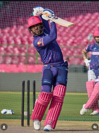 Dhruv Jurel playing a powerful shot for Rajasthan Royals. Our training focuses on building the explosive strength needed for exactly these kinds of game-changing moments.