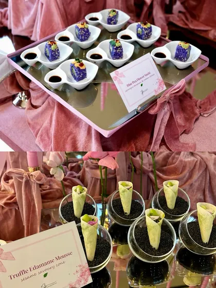A collage of our appetizers from the pink-themed engagement party, featuring our Blue Pea Flower Sushi and Truffle Edamame Mousse cones.