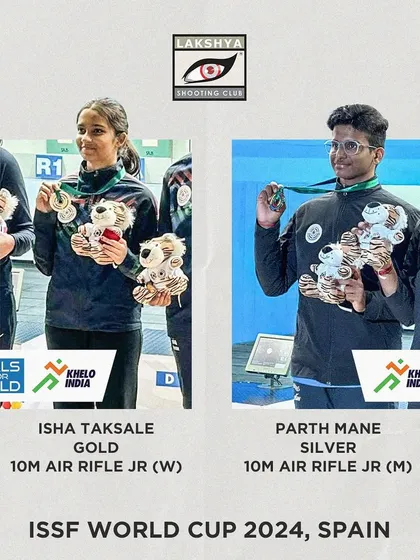 A double podium finish at the ISSF World Cup in Spain. Isha Taksale won Gold in the 10m Air Rifle Junior Women's event, while Parth Mane secured Silver in the Men's Junior event, a testament to their consistent hard work.