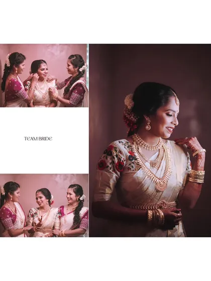 A beautiful candid moment between the bride and her bridesmaids, capturing the love and support of her 'Team Bride' as they help her get ready.