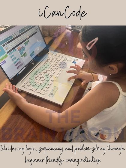 Our iCanCode program introduces logic, sequencing, and problem-solving through beginner-friendly coding activities. This image captures a young learner focused on her first project, taking her initial steps into the world of programming.