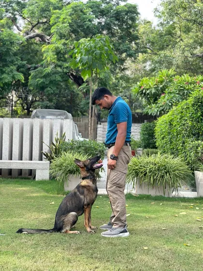 The relationship between a handler and dog is the cornerstone of all successful training. This moment of quiet connection with Tashi is just as important as any active exercise.