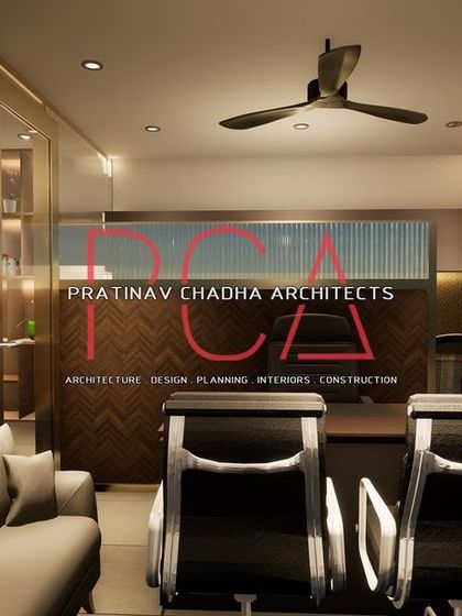 A 3D visualization of a private cabin in the Hari Mandir office, featuring fluted glass and elegant wall mouldings.