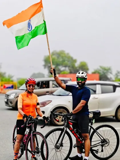 Two of our members posing with the Indian flag during our Independence Day celebration ride.