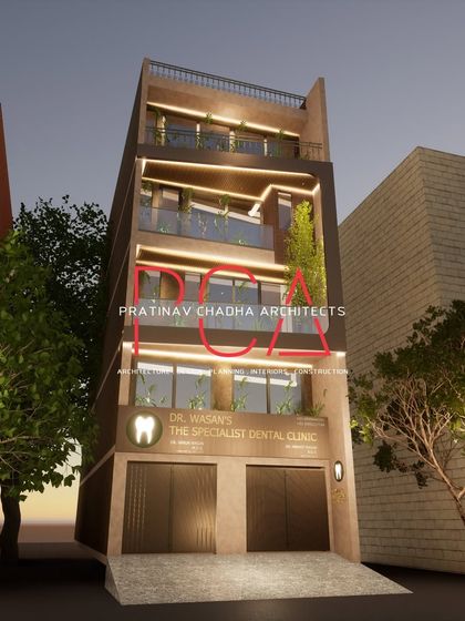 Another nighttime visualization of the Mukherjee Nagar residence, focusing on the interplay between the angular architecture and the soft, ambient lighting.