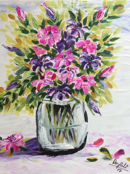 A vibrant bouquet of pink and purple flowers in a glass vase, painted with energetic brushstrokes. This piece is all about the joy and abundance of fresh flowers.