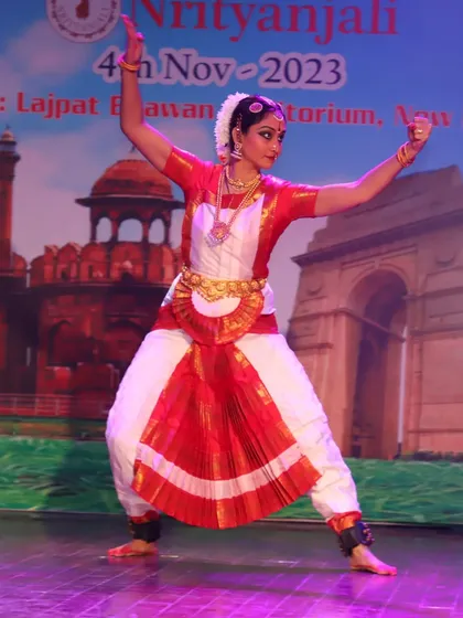 A powerful stance from my performance at the Nrityanjali festival in New Delhi. The Aramandi, or basic half-sitting posture, is the foundation of Bharatanatyam's strength and grace.