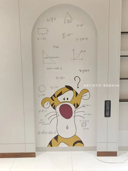 A playful and unique mural for a child's room, featuring Tigger looking puzzled by math equations. This custom kids' room mural combines a beloved character with educational elements, creating a fun and stimulating environment.