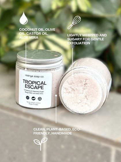 Our Tropical Escape body polish will transport you to a beach vacation. It's scented with coconut, pineapple, and vanilla, and made with nourishing oils to leave your skin soft and smooth.