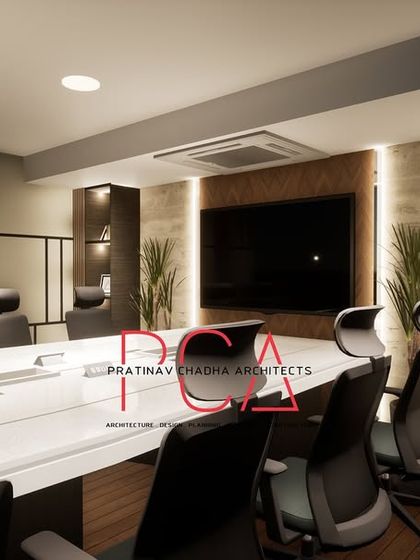 A close-up render of the Narela conference room, focusing on the details of the shelving and the material textures. The design balances functionality with a refined, luxurious aesthetic.