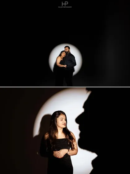 A dramatic pre-wedding collage using spotlighting techniques to create high-contrast, cinematic silhouettes and portraits.