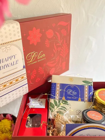 Our grand Indulgence Hamper for Diwali, packed with a luxurious assortment of truffles, brownies, cookies, and other festive treats.