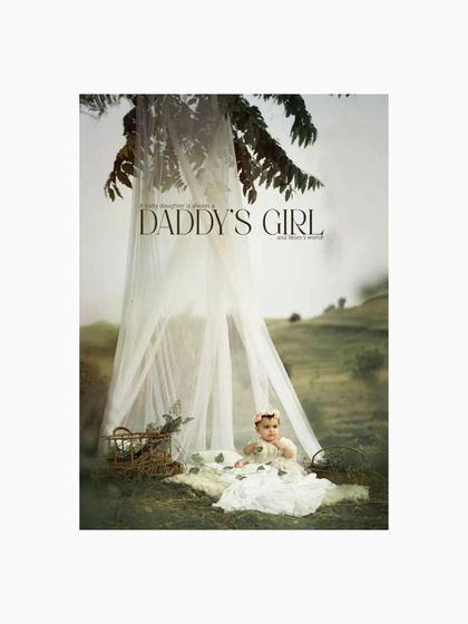 This version of the outdoor canopy shoot includes the text "Daddy's Girl," adding a layer of narrative and dedication to the beautiful portrait of the baby in her magical setting.