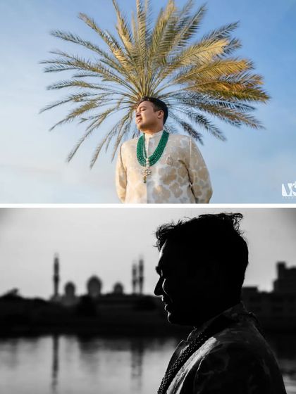 A creative composition showing Rishab under a palm tree, and a dramatic silhouette against the water. These artistic shots showcase our creative approach to groom photography.