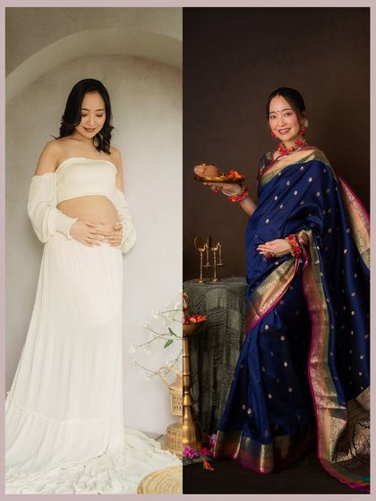 Two styles, one journey. This composite image beautifully contrasts a modern, minimalist maternity look with a rich, traditional saree portrait, showing the versatile ways we can tell your story.