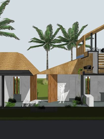 This sectional drawing of the Serenity resort shows how the roof structure creates varied experiences, offering shelter in some places and an elevated perch in others, all while maintaining a cohesive architectural gesture.