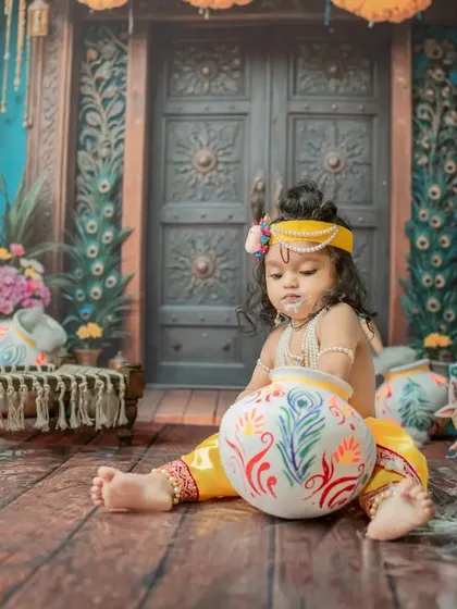 Another angle of the toddler Krishna with the pot, looking inquisitively at it.